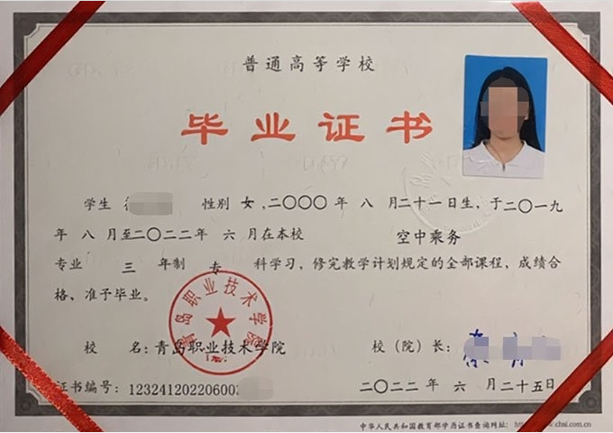 元氏青岛职业技术学院毕业证样本图片